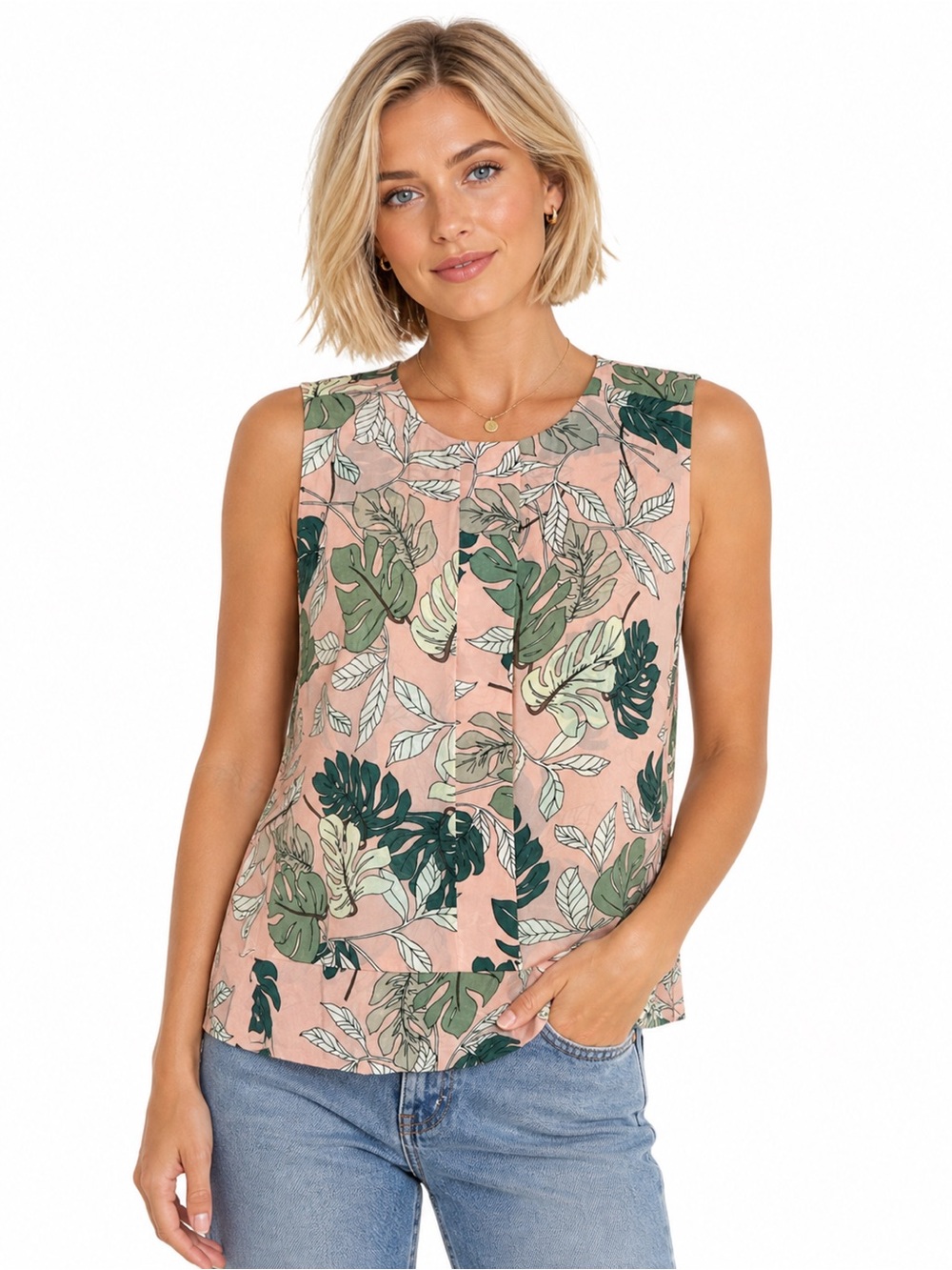 Cabi Tropical Leaf Blouse Peach Pink Monstera Print Sleeveless Top Small